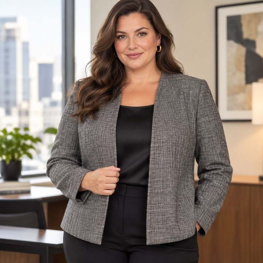 Jones New York Stretch Blazer Size 24W Gray Tweed Open Front Jacket